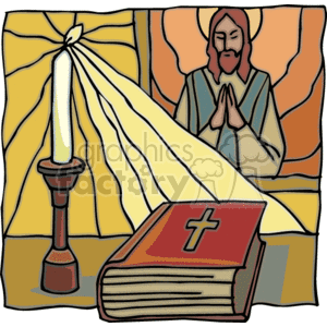 The clipart image features a representation of Jesus Christ praying, with rays of light shining behind him. In front of the figure is an open book with a cross on its cover, likely representing the Bible. To the left of the Bible stands a lit candle on a candlestick, symbolizing light and possibly the presence of the Holy Spirit.