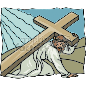 This is an image of a representation of Jesus Christ carrying the cross, which is part of Christian iconography. The depiction shows Jesus fallen to the ground under the weight of the cross, indicating it might be part of a series of images that represent the Stations of the Cross—specifically the 9th Station where Jesus falls for the third time.