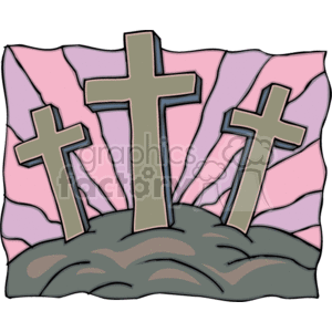This clipart image depicts three Christian crosses of different sizes, standing on a mound of earth or ground that could symbolize a hill. The crosses are stylized with a thick outline and have a simple design. The background appears in shades of pink which might represent the sky. This imagery is often associated with Golgotha, the site of the crucifixion of Jesus and the two thieves in Christian tradition.
