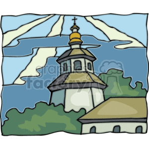 The clipart image depicts a stylized drawing of a Christian church. It features the church's architecture, including the steeple with a cross at the top, a golden dome, and the main building, all set against a backdrop of blue sky with white clouds and green foliage.