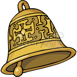 The image shows a gold-colored church bell with decorative patterns including a Christian cross on its surface.