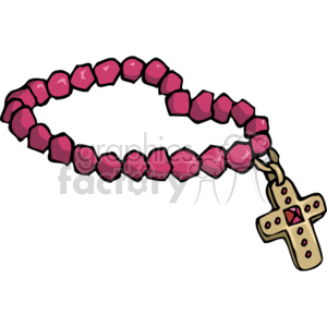The image depicts a rosary, a religious article important in the Christian faith, particularly within the Catholic tradition. The rosary in the image consists of a series of pink beads formed into a loop, with a cross attached to one end. The cross has a detailed design and appears adorned with red accents.