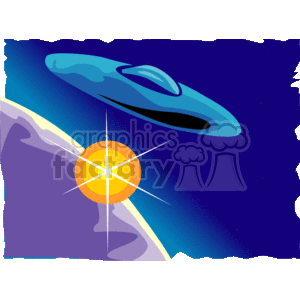 The image is a stylized illustration of a UFO (unidentified flying object) or spaceship that appears to be flying in outer space. The colors are vibrant, and the UFO has a classic flying saucer design, with a dominant blue color and black windows or details. In the background, there's a celestial body that looks like a shining sun with rays emanating from it, set against a deep blue starry sky. The whole scene creates a science fiction vibe.