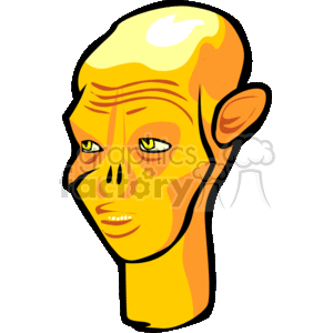 This image depicts a stylized representation of an alien's head. The alien features include a large, bald cranium, yellow skin, narrow eyes, a flattened nose with no apparent nostrils, and prominent, pointy ears. The expression on the face appears neutral or slightly pensive.