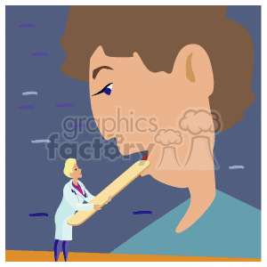 The image depicts a stylized representation of a healthcare scene with a large close-up of a boy's face in profile. A small medical professional, possibly a nurse or a doctor, is standing before him appearing to examine the boy's open mouth with a tongue depressor. The color palette is simple with blue and purple backgrounds, suggesting a healthcare setting without any specific details.