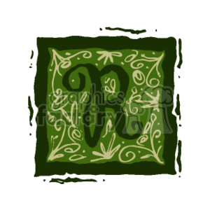 The clipart image features a decorative letter R in a stylized calligraphy font with ornamental designs surrounding it within a box. The design appears to be inspired by vintage or traditional calligraphy styles and has a natural, organic feel, with leaf-like embellishments and flourishes.