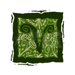 The image is a stylized clipart of the letter V designed with ornamental patterns. It features swirls, curves, and plant-like motifs, all contained within a squared area with a rough border that gives it a framed look.