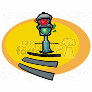 The clipart image depicts a stylized traffic light with red, yellow, and green lights on a light pole. The traffic light appears cartoonish with a smiling expression. Below the traffic light, there are three curved lines suggesting a road or street lanes. The background is an uneven yellow circle, possibly representing the sun or just a decorative element to highlight the traffic light. There are no explicit road signs or symbols apart from the traffic light itself.