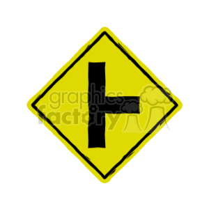 The clipart image depicts a yellow diamond-shaped road sign with a black T intersection symbol.