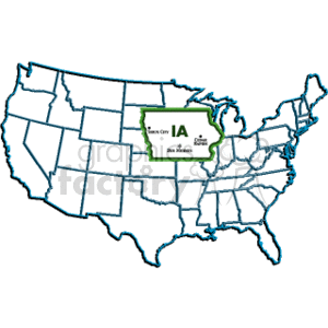 The clipart image shows an outline map of the United States with the state of Iowa highlighted. Inside the highlighted area of Iowa, there are indicators pointing to specific locations within the state, including Sioux City, Des Moines, and Iowa City. Additionally, there's an abbreviation IA denoting the state of Iowa.