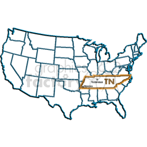 The image is a simplified outline map of the United States featuring all state boundaries. The state of Tennessee is highlighted, with an emphasis on its central location within the eastern part of the United States. An inset label over Tennessee shows its postal abbreviation TN and points out Nashville, the state's capital, with a star indicating its location. The map is a two-dimensional graphic, ideal for educational material or presentations highlighting the state of Tennessee.