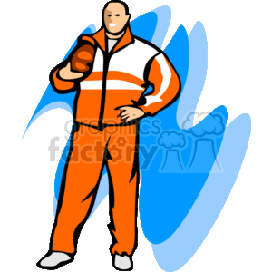 The clipart image features a male figure illustrated as a sports coach or athletic instructor. The character is gesturing with his right hand and has a confident expression. He is dressed in an orange tracksuit with white stripes, suggesting an athletic or casual context. The abstract blue shapes in the background can indicate movement or excitement. 