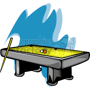 The image shows a stylized representation of a billiards (or pool) table with a yellow surface and two billiard balls on it, one of which is the black 8-ball. There's a cue stick also depicted, positioned as if to strike the balls. The table is shown with a dynamic blue flame-like design in the background, potentially indicating motion or action.