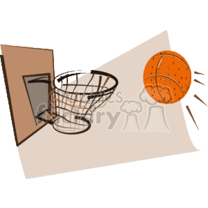 The clipart image shows a stylized basketball hoop with a net attached to a backboard, and a basketball is seen to the right side of the hoop, giving the impression that it is moving towards the hoop.