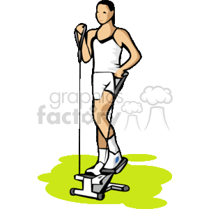 This clipart image features a stylized person using a stair stepper exercise machine. The individual is dressed in fitness attire, which includes a sleeveless top, shorts, and athletic shoes. This type of equipment is commonly used in gyms for cardiovascular workouts and lower body strengthening.