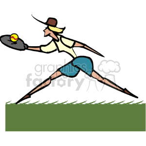 The image shows a stylized clipart of a softball player. The player is in a dynamic pose, appearing to be in the middle of a game, running and reaching out with a glove to catch a yellow softball. The player is wearing a hat, a shirt, shorts, and is depicted in the act of running across what looks like a patch of grass.