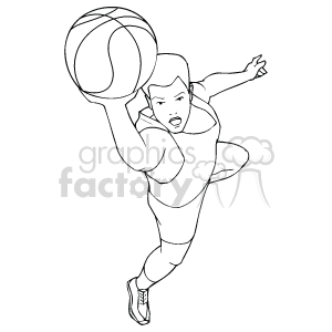 The clipart image features a single basketball player in an active pose, seemingly driving towards the basket or preparing to make a shot. The player is holding a basketball with one hand above shoulder level and is depicted in a dynamic, athletic stance with one leg extended forward.