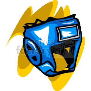The image is a stylized clipart representation of a blue boxing helmet with a highlighted contour, possibly indicating movement or light reflection. The helmet appears dynamic and is set against a black background featuring yellow abstract shapes that suggest motion.