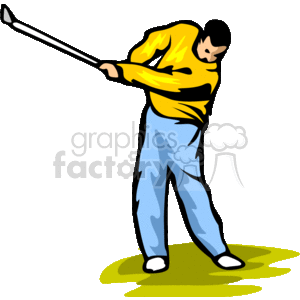 The image is a clipart of a golfer in mid-swing. The golfer is wearing a yellow top, light blue pants, and white shoes, and is standing on a patch of grass.