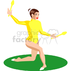 This clipart image depicts a female gymnast performing a routine with clubs, which are apparatus used in rhythmic gymnastics. The gymnast is wearing a yellow leotard, and she appears to be in the midst of a graceful movement, suggesting motion and athleticism.
