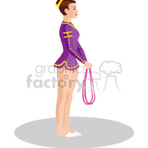 The image is a clipart illustration of a female gymnast. She's standing on a mat, wearing a leotard that is primarily purple with yellow accents and some embellishments. The leotard has long sleeves and a skirt-like design at the hips. She has her hair tied up neatly, showing she's ready for a performance or practice. In her right hand, she's holding what appears to be a rhythmic gymnastics ribbon or hoop. She is barefoot, which is typical for gymnasts during performances or training. The gymnast is profiled from the side, showing her posture and readiness to begin her routine.