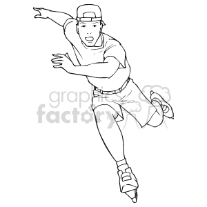 The clipart image features an individual engaged in rollerblading. The rollerblader is depicted in a dynamic pose, leaning forward with arms outstretched for balance and momentum. They are wearing rollerblades, shorts, a t-shirt, and a baseball cap, which suggests an action scene related to sports or recreational activity.