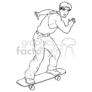 The image is a black and white clipart that features a skateboarder in the midst of skateboarding. The person is depicted in an action pose, balancing on a skateboard with one foot, while the other foot is slightly raised, as if pushing off or preparing for a trick. The skateboarder is wearing casual clothes and a cap.