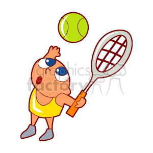 A big blue eyed cartoon boy playing tennis