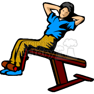 In this clipart image, there is a stylized depiction of a person doing sit-ups on a workout bench. The person is illustrated with their hands behind their head, leaning back, engaging their abdominal muscles. They are wearing a blue shirt, yellow pants, and blue shoes with red accents. The workout bench is brown with red supports. The background is black.