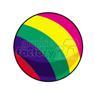 The image shows a colorful beach ball with stripes, featuring a black outline. The ball has a bright and varied pattern of colors, including red, blue, green, yellow and pink. The black outline is thick and stands out against the other colors. The ball is circular