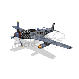 This clipart image shows a P-51 Mustang, which is a World War II-era American fighter aircraft, depicted in a three-dimensional rendering. The airplane is shown in profile view with the landing gear retracted and appears to be in flight. It has a checkerboard pattern on the nose and the tail bears identification letters and numbers. The Mustang is famous for its role during World War II and is notably recognized for its sleek design and impressive performance.