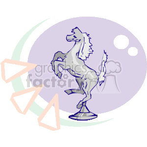 This clipart image depicts a stylized representation of a mustang horse, which resembles a symbol often associated with a popular automobile brand. The horse is in a rearing position, standing on its hind legs with one front hoof raised, suggesting motion and power. The image has a circular background with two black circles, potentially implying wheels, and abstract arrow-like shapes around the horse, suggesting dynamism and speed.