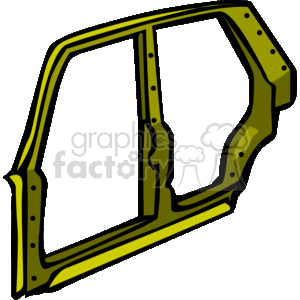 This clipart image depicts a simplified representation of a car door frame. It includes the outlines of where the door panel and windows would typically attach, with visible hinges and cutouts indicating where the different parts would connect or operate.