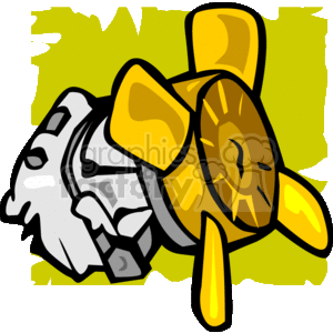 The clipart image depicts a stylized representation of a car engine with a prominent cooling fan attached to it. The fan is depicted in a golden-yellow color with four blades, which are typically an integral part of the engine's cooling system.