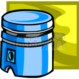 The image shows a stylized illustration of an automotive piston, a common internal component of an engine. The piston is colored blue with shading and highlights, depicted against a yellow and green background that suggests motion or energy.