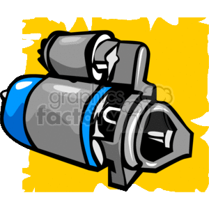 This clipart image depicts a stylized illustration of a car starter motor. The starter is typically used to initiate the engine's operation by rotating it until the combustion process starts.