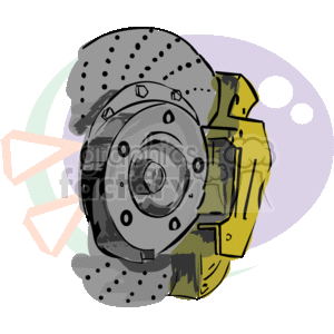 The clipart image features car brake components, specifically a brake disc (rotor) with perforations and a brake caliper with brake pads. The image represents an illustration of a disc brake system typically used in modern vehicles.