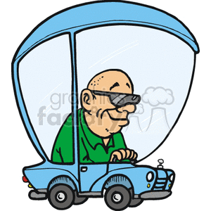bald man driving his blue cartoon car