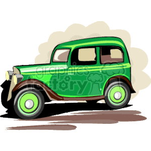 The image shows a stylized illustration of a classic or antique car. The car has a distinct vintage design, with a rounded body shape, and is painted in a two-tone color scheme with shades of green dominating the body and a darker hue outlining the fenders and running boards. This clipart image is clearly meant to represent an old-fashioned mode of transportation, often associated with early to mid-20th-century automobiles.
