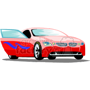The image is a stylized clipart of a red sports car with blue flame decals on the sides. The car is depicted from a side view, showcasing its aerodynamic body, sporty design, and alloy wheels.