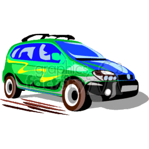 The image is a colorful clipart representation of a compact car. The car is predominantly green with blue and yellow wave-like patterns on the sides. It features a stylized, somewhat curvy design with darkened windows and appears to be in motion with lines suggesting movement behind it.