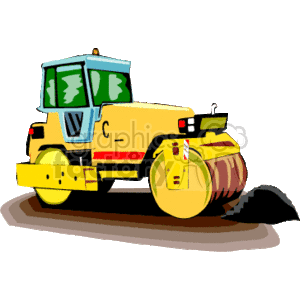 The clipart image shows a yellow steamroller, which is a type of heavy construction equipment used to compact soil, gravel, concrete, or asphalt in the construction of roads and foundations. The steamroller has a large rolling drum at the front and is typically seen in a transportation or land development context.