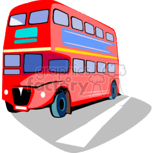 The clipart image shows a colorful, red double-decker bus commonly associated with public transportation systems in large cities, especially in the United Kingdom. 