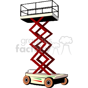 The clipart image features a scissor lift, which is a type of platform that can usually move vertically. The noticeable features are its red criss-crossing metal support structure that elevates a rectangular work platform. This equipment is commonly used in construction and maintenance work to reach high areas.