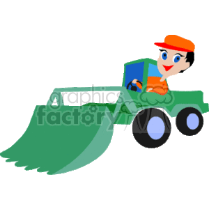 This clipart image features a cartoon of a front loader, which is a type of heavy construction equipment. The front loader has large wheels and a substantial bucket at the front for scooping materials. There's also a character wearing a hard hat sitting in the driver's seat, indicating that it is operated machinery.