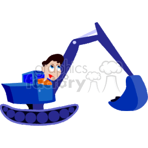 The clipart image shows a cartoon of a tracked excavator with a front loader attachment. It features an anthropomorphic character with a human face operating the machinery.