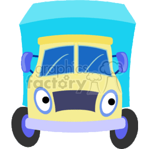 This image features a simplified, cartoon-style depiction of a heavy construction truck. It is characterized by a prominent box-shaped cargo area, presumably for transporting materials, and a cab where the operator would sit and control the vehicle. The colors are vibrant, with a blue body and yellow front, and the wheels are large compared to the body, indicating its ability to traverse rugged terrain typically found on construction sites.
