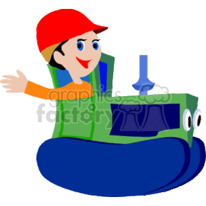 The clipart image features a cartoon character of a person operating a blue bulldozer or heavy construction tractor. The person is wearing a red hard hat, a green vest, and is waving with one hand while seated in the driver's seat of the bulldozer. The bulldozer has a front blade and is designed with a friendly, anthropomorphic face on the front, suggesting it's perhaps intended for a child's book or educational material.
Concise 