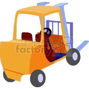 The clipart image shows a stylized orange forklift. The forklift has a visible lift mechanism with forks, wheels, a seat for an operator, and a protective overhead guard. This type of vehicle is commonly used in warehouses for materials handling, loading, and unloading goods.