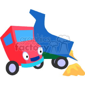 This is an image of a cartoon dump truck that is red and blue in color. The truck's bed is tilted with a pile of material (possibly sand) unloaded onto the ground.